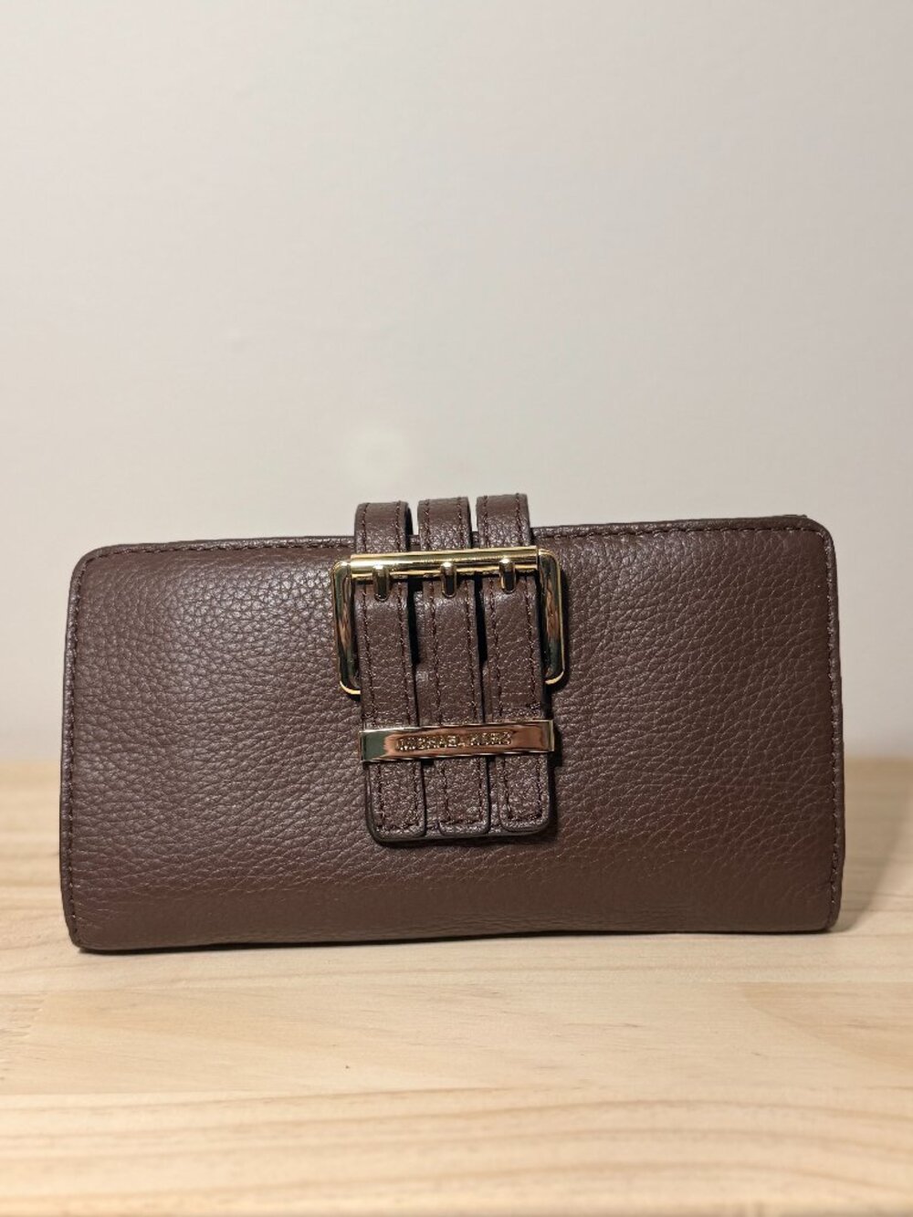 Michael Kors Dark Brown Pebbled Leather Triple Buckle Flap Large Organizer Walle